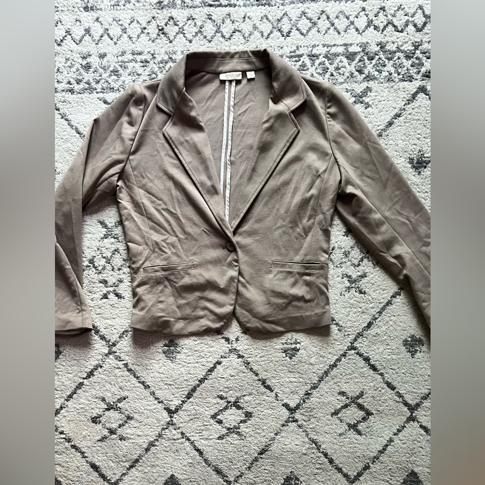 New York & Co. Stretch Neutrals Tan Women's Blazer Jacket Size: M 100% polyester